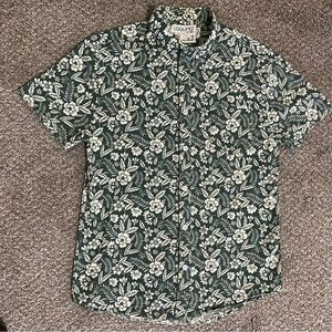 Laguna Green Tropical Floral Hawaiian Print Shirt Men Medium Cotton Spandex EUC